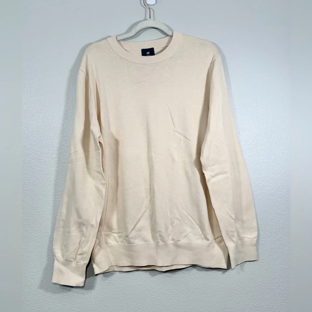 NWT H&M Crewneck Sweater Beige White Long Sleeve Soft Cotton Slim Fit Men XL